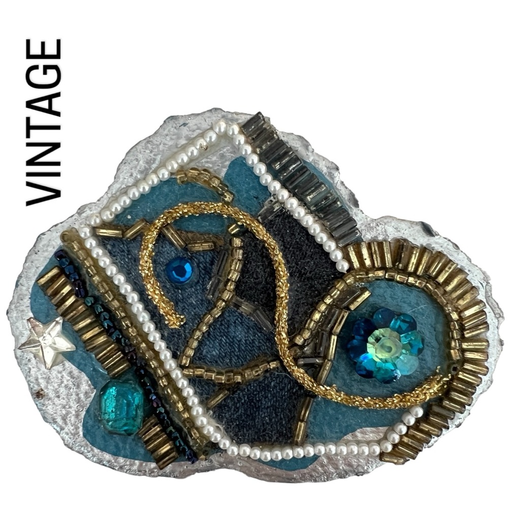 VINTAGE BROOCH 90s Denim Beading Jewels Hand-Crafted Pin Signed